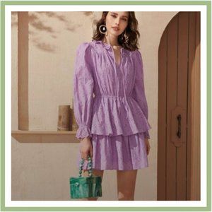 Purple Eyelet Tiered Long Sleeve Mini Dress with Ruffle Collar